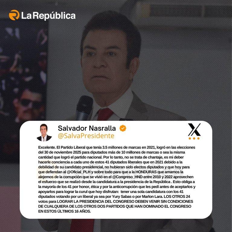 El excandidato presidencial del Partido Liberal, Salvador Nasralla, afirmó que el PLH obtuvo en las elecciones del 30 de noviembre de 2025 m - Cover Image